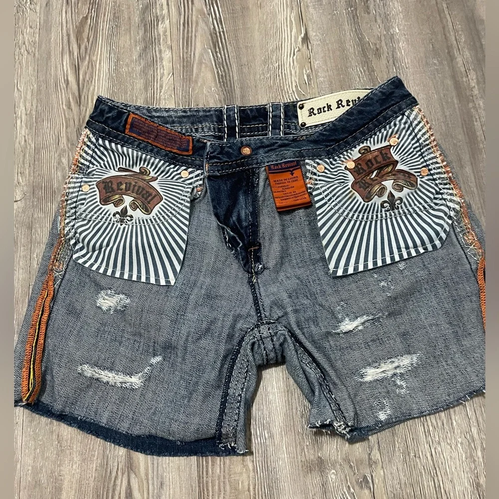 Rock Revival Blue Jean Shorts Distressed Mid-Thigh